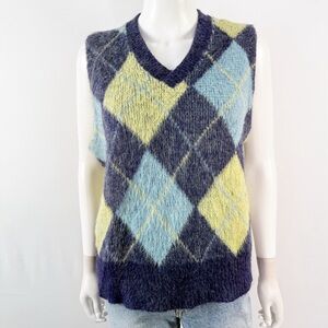 Vintage 70s Kennington California Blue Argyle Sweater Vest Size L Winter Preppy